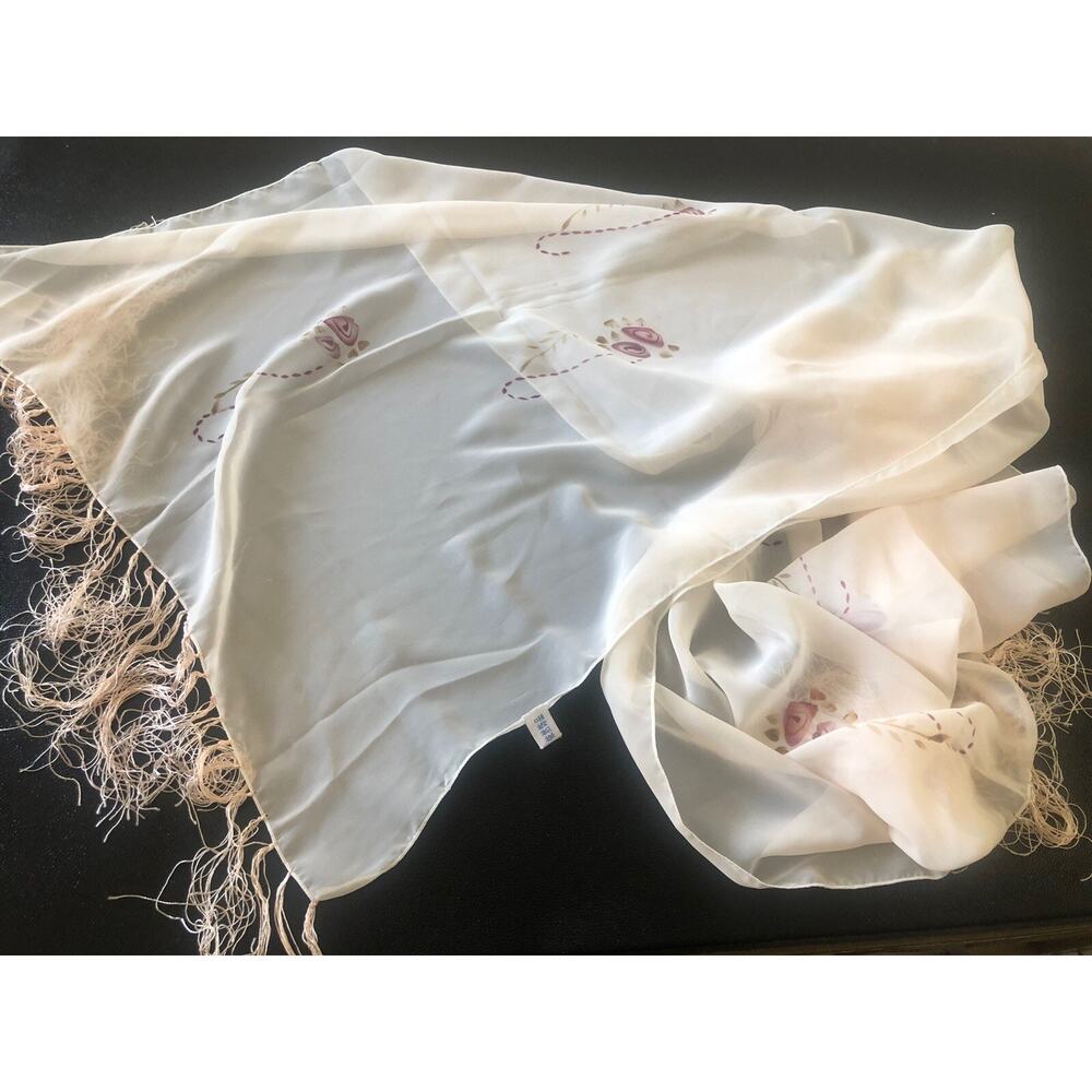 Vintage 90s Fringe Shawl Ivory Sheer Floral 62”x22”. R